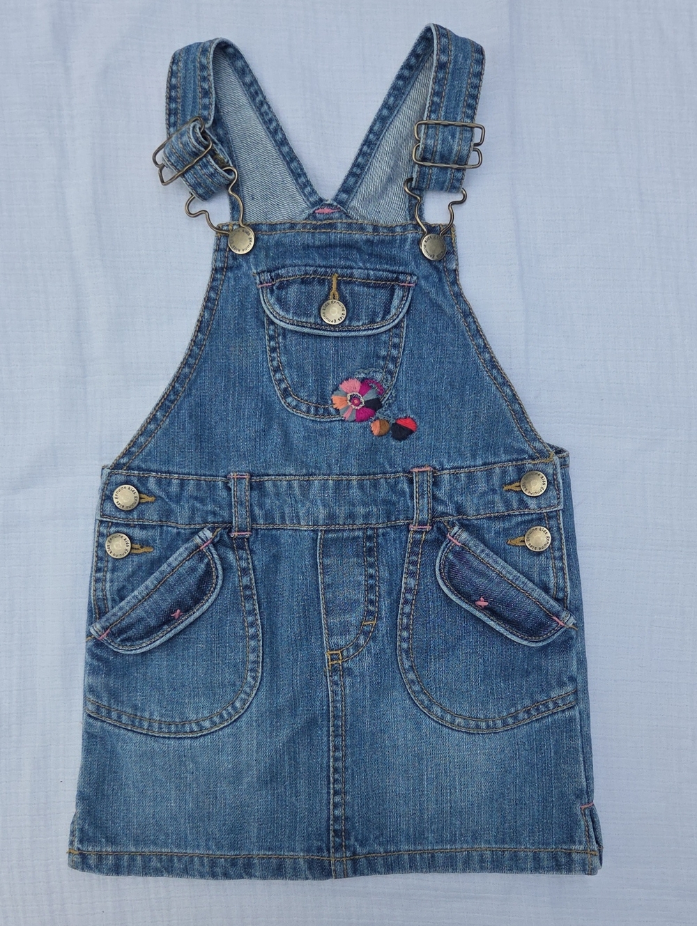 OshKosh B'gosh Blue Denim Overall Dress with Floral Accent (24 Mo)
